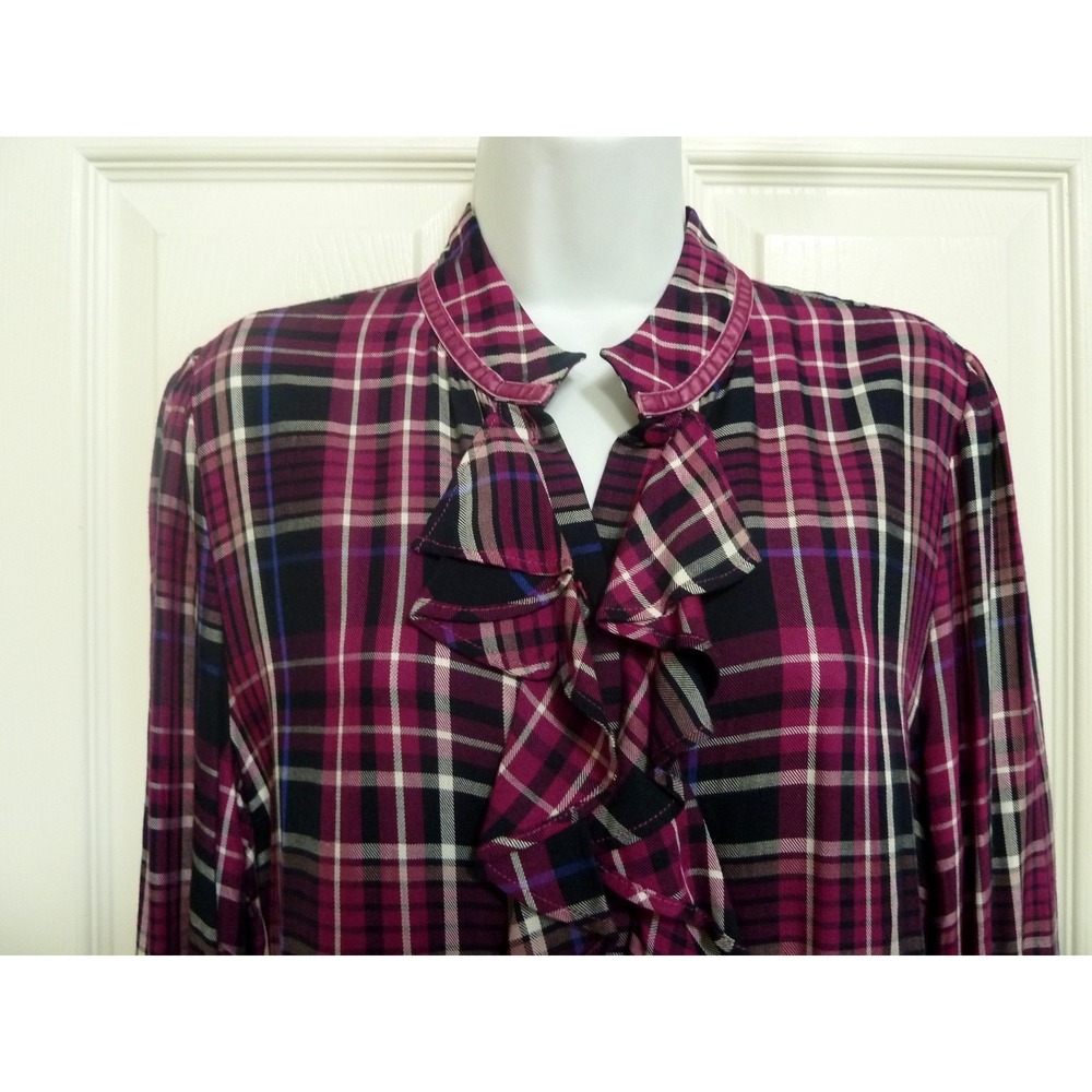 NWT CHICO'S Sz 1=8/10, Med. Ruffle Purple Plaid Blouse Country Cottage Western